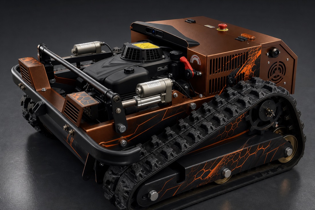 Tracked remote mower with rugged rubber tracks
