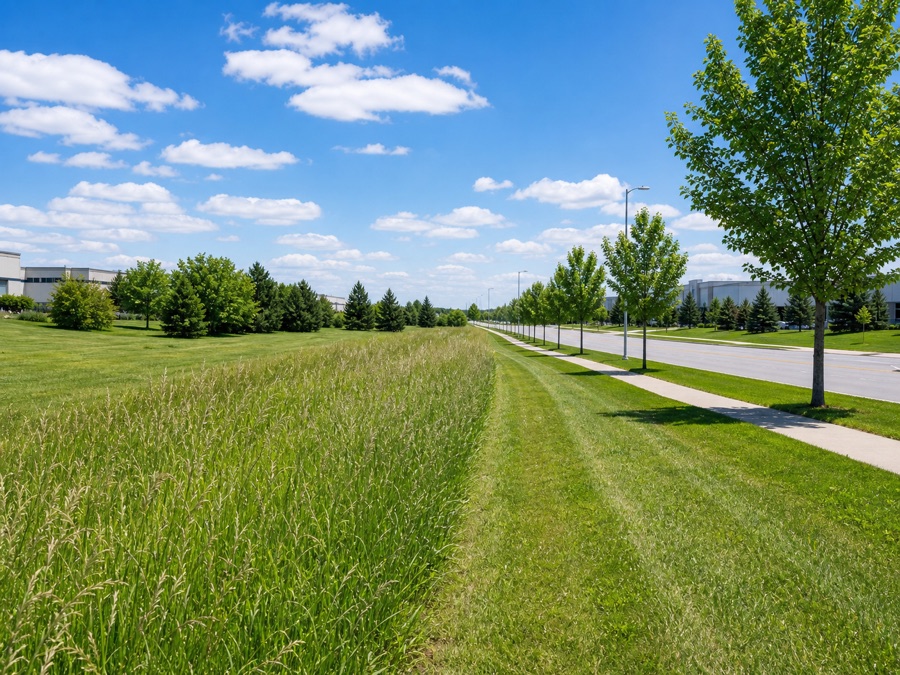 Large commercial property grass area along a road