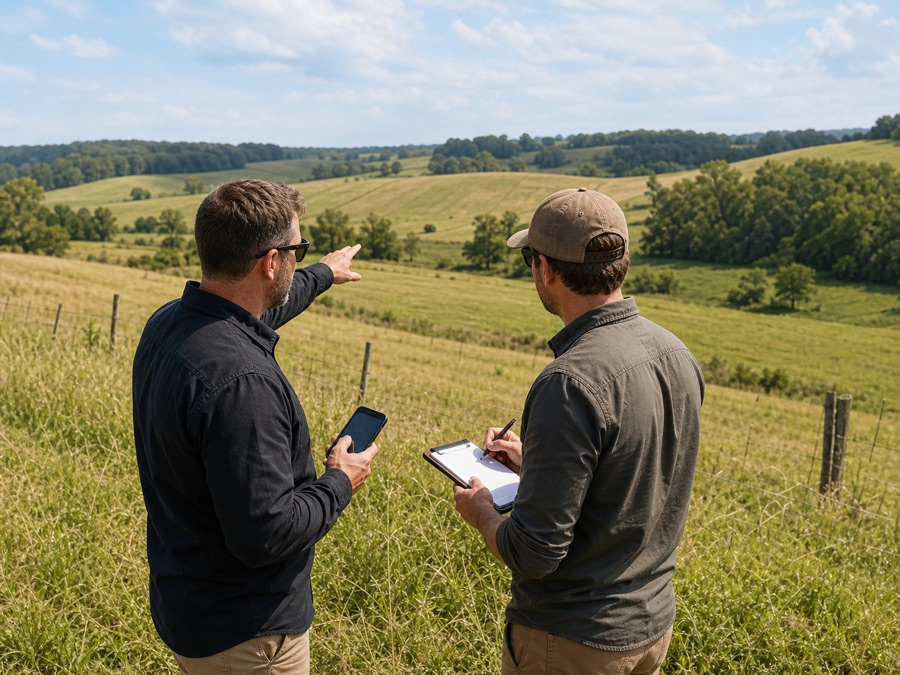 Early users reviewing a large rural property for remote mower testing feedback