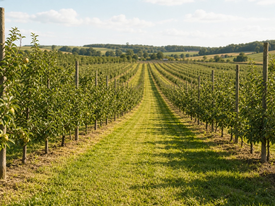Orchard rows with grass lanes across farm land