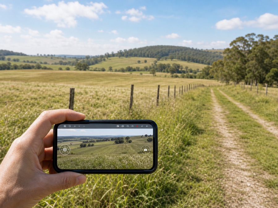 Smartphone camera view over a remote rural property